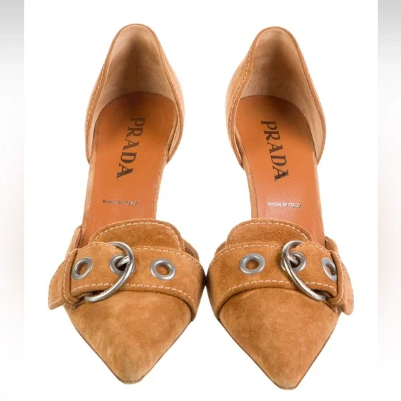 Prada Tan Suede Pointed-Toe D'Orsay Heels with Metal Buckle - Picture 1 of 5